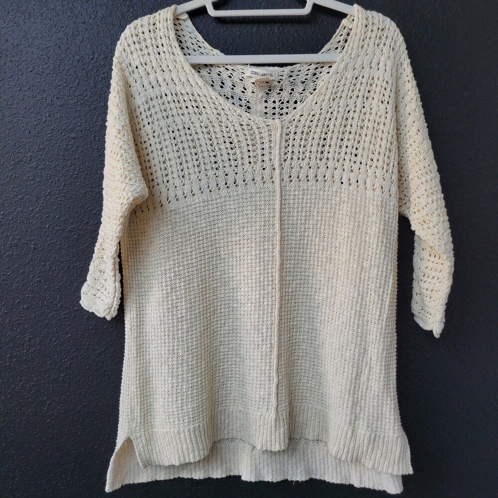 Billabong Open Knit Sweater Womens Medium Cream Boho Beach Crochet Pullover